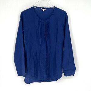 Eileen Fisher Irish Linen Top Womens S Blue Ruffle Button Up Lightweight Coastal